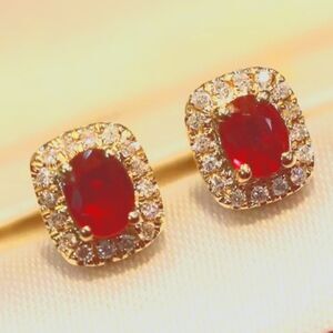 Red & White Baguette Diamond Earrings 14K Gold on 925 Silver
